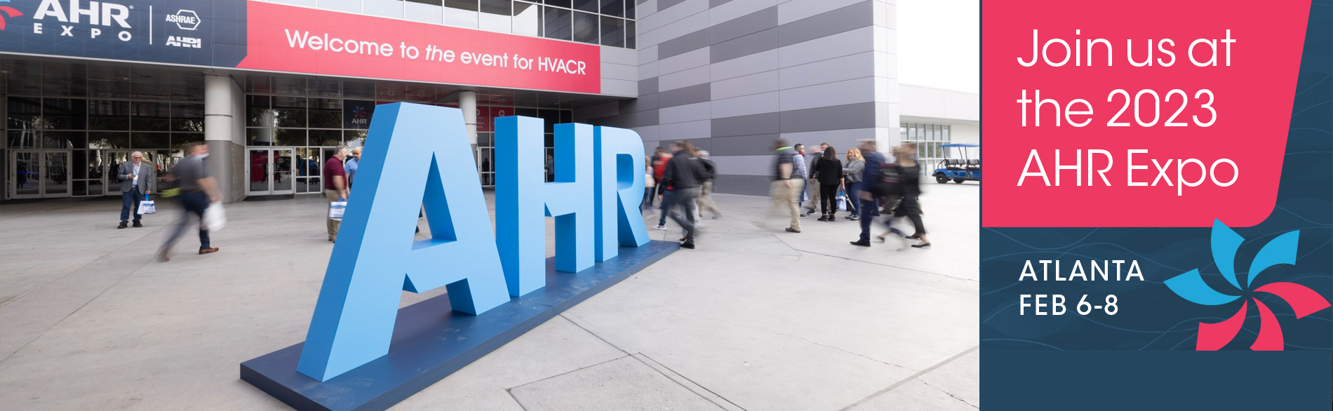 Busy entrance to AHR tradeshow with AHR logo in front